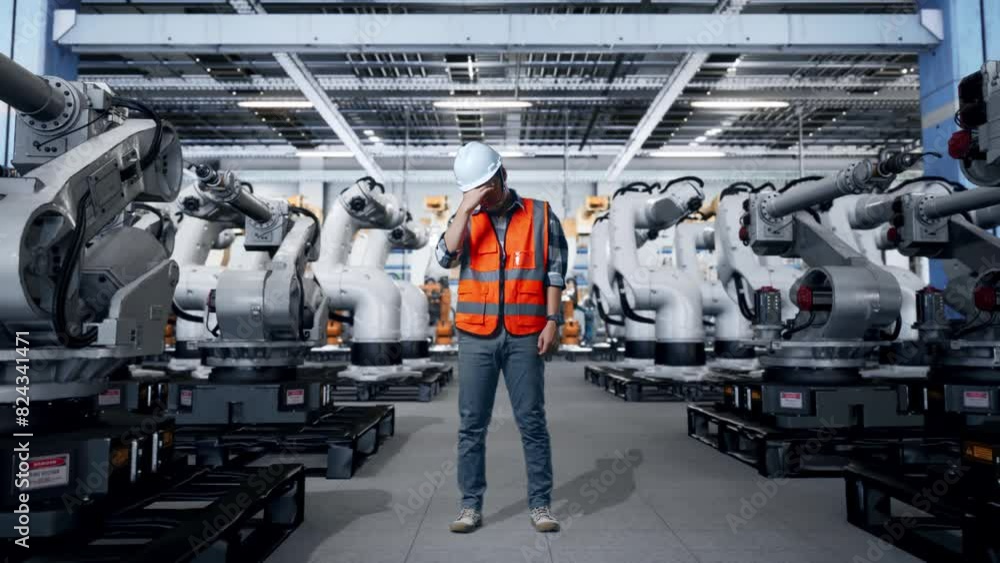 Full Body Of Asian Male Engineer With Safety Helmet Having A Headache While Working With Robotic ArmsArm Full Body Of Asian Male Engineer With Safety Helmet Having A Headache While Working With Robotic ArmsArm