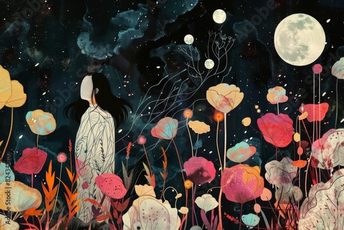 Surreal Nighttime Scene with Faceless Figure and Vibrant Flowers