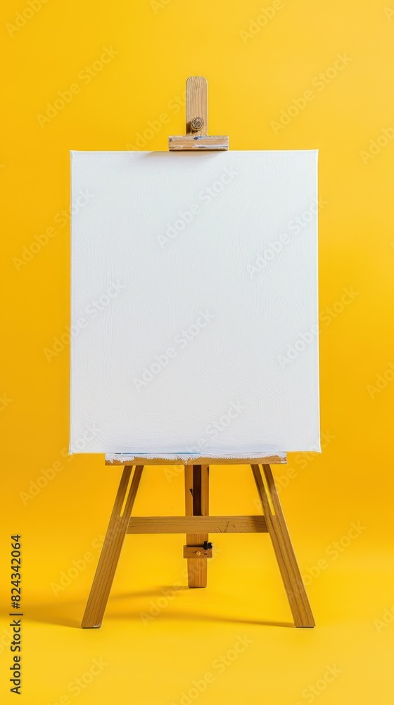 Large easel with blank canvas ready for painting isolated on yellow background Large easel with blank canvas ready for painting isolated on yellow background