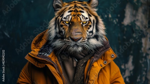 Realistic tiger animal portrait cute dressed tiger by generative ai midjourney