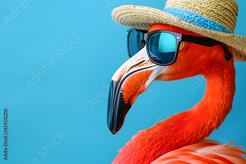 Funny cute flamingo bird in sunglasses and sombrero hat on summer color background.