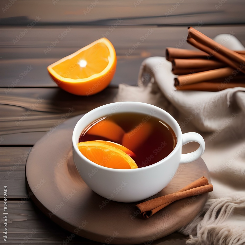 Cup of hot cider with a cinnamon stick and orange slices1 Cup of hot cider with a cinnamon stick and orange slices1