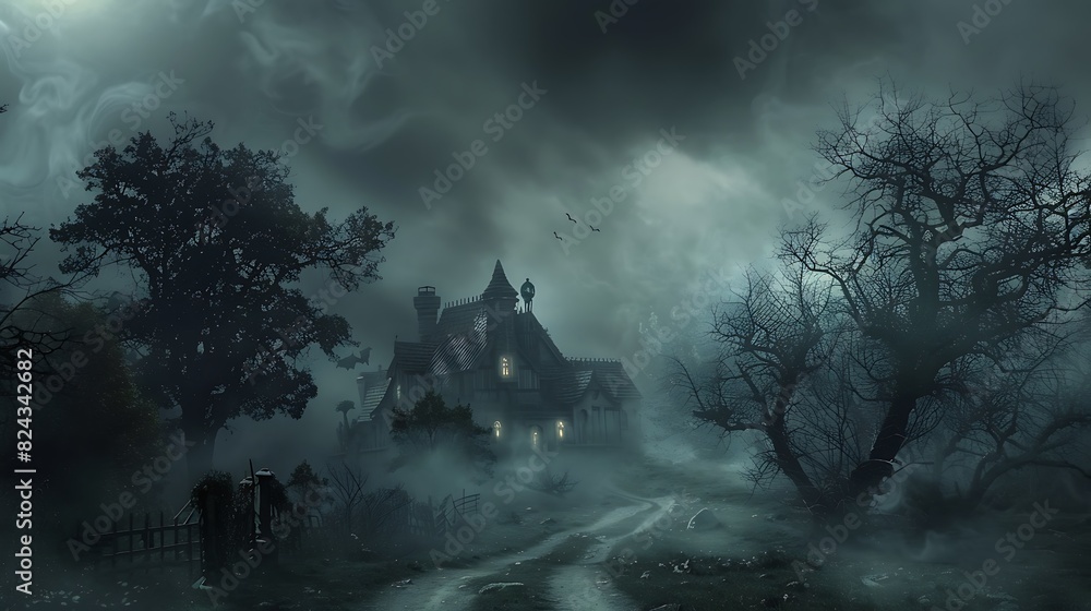 Sinister fog shrouds the landscape, concealing ghostly apparitions that emerge to haunt the night on Halloween.