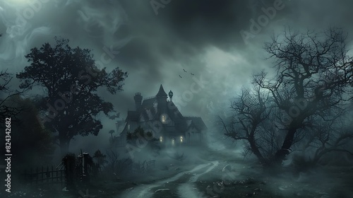 Sinister fog shrouds the landscape, concealing ghostly apparitions that emerge to haunt the night on Halloween. photo