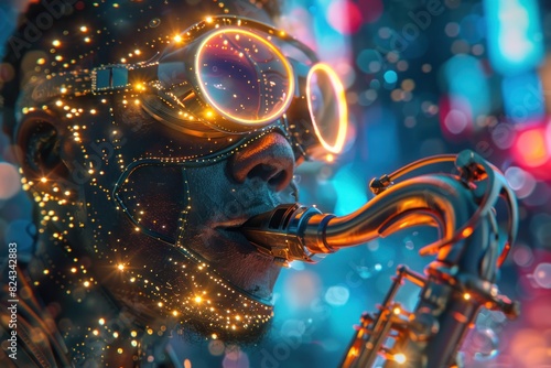 A close-up of a futuristic saxophonist in the metaverse, their instrument emitting glowing streams of light with each note. The musician's eyes are covered by augmented reality glasses that enhance