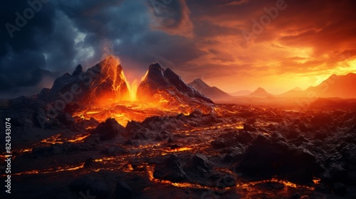 Apocalyptic volcanic landscape with hot flowing lava and volcano moutain with ahs cloud on background, AI Generative