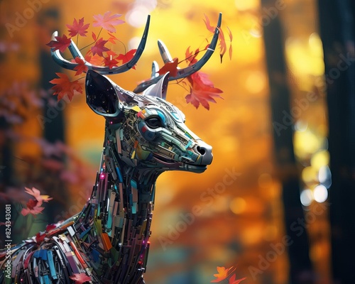 A stunning digital artwork featuring a deer crafted from colorful metallic elements, set against a vibrant autumn forest background.