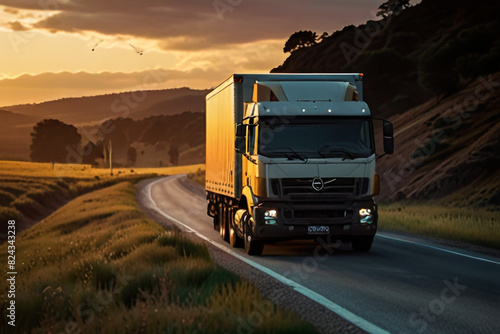 Cargo truck driving through landscape at sunset