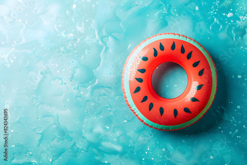 Watermelon floaty pool ring on blue background.