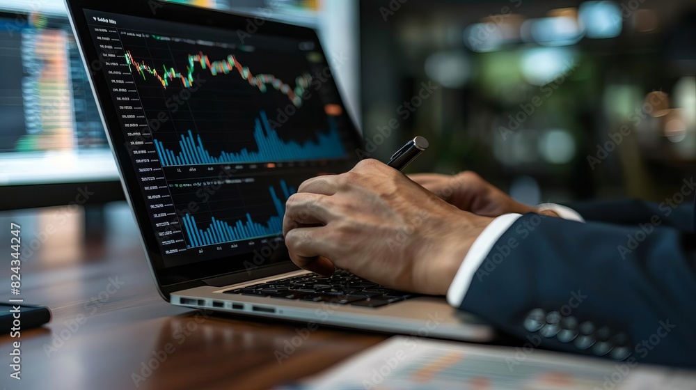 Businessman analyzing stock market data on a laptop, focusing on financial trends and graphs. Ideal for business and finance concepts. Businessman analyzing stock market data on a laptop, focusing on financial trends and graphs. Ideal for business and finance concepts.