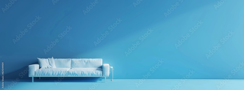 Minimalist plain blue living room with sofa and copy space, blue background, wide angle shot