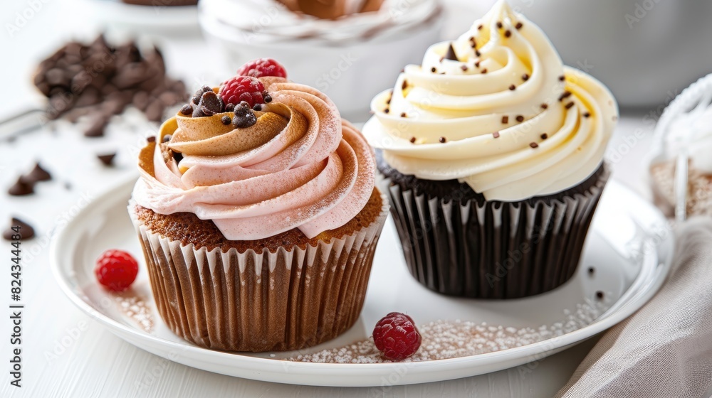 Two cupcakes plated for breakfast on white surface Two cupcakes plated for breakfast on white surface