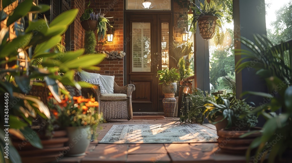 commercial photo, close-up, front porch decor, bottom view, soft light commercial photo, close-up, front porch decor, bottom view, soft light