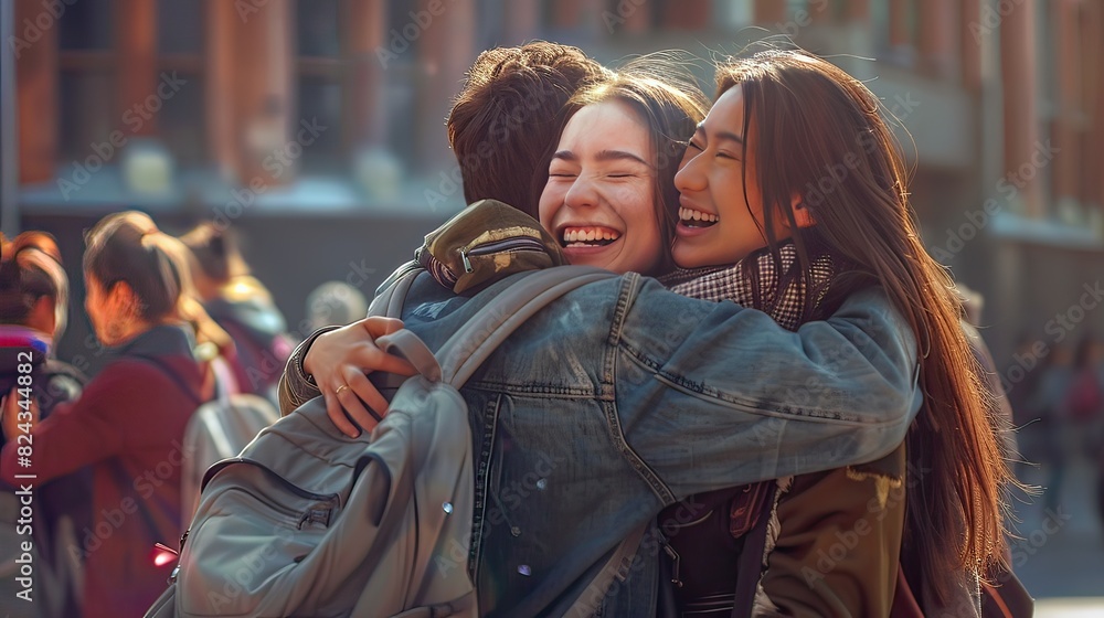 Friends reuniting on campus, hugging and laughing, dynamic composition, photo-realistic, lively Friends reuniting on campus, hugging and laughing, dynamic composition, photo-realistic, lively