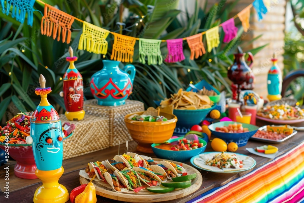 Naklejka premium A colorful fiesta setup with chicken tacos, maracas, and festive decorations, perfect for a lively celebration
