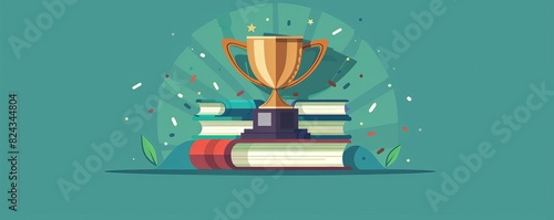 trophy on top of books, flat vector illustration with long shadow and texture on teal background for education or win award concept banner design, side view wide angle lens,