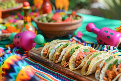 A colorful fiesta setup with chicken tacos, maracas, and festive decorations, perfect for a lively celebration photo
