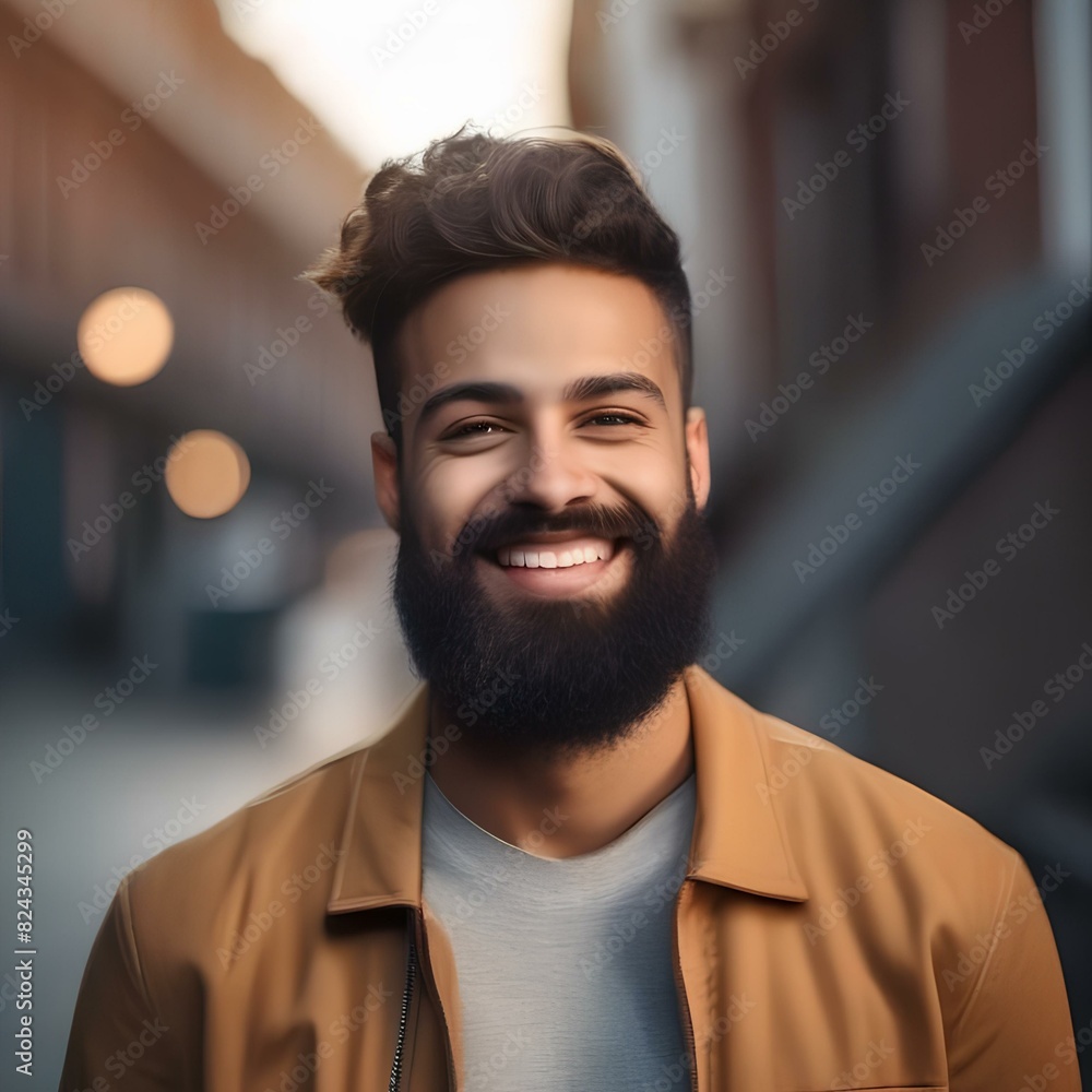 Portrait of a smiling young man with a beard, in an urban setting4 Portrait of a smiling young man with a beard, in an urban setting4