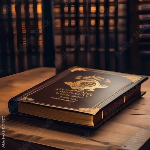 Classic book with a leather cover and gold lettering  on a wooden table1