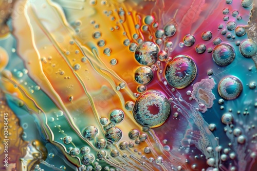 A detailed close-up of crystalline structures forming in a petri dish, with vibrant colors and intricate patterns photo