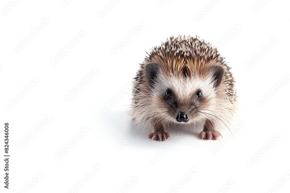 Obraz premium Tiny baby hedgehog with a curious look isolated on white background