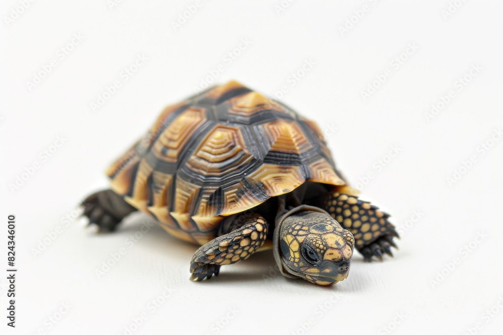 Fototapeta premium Tiny baby tortoise with a patterned shell isolated on white background