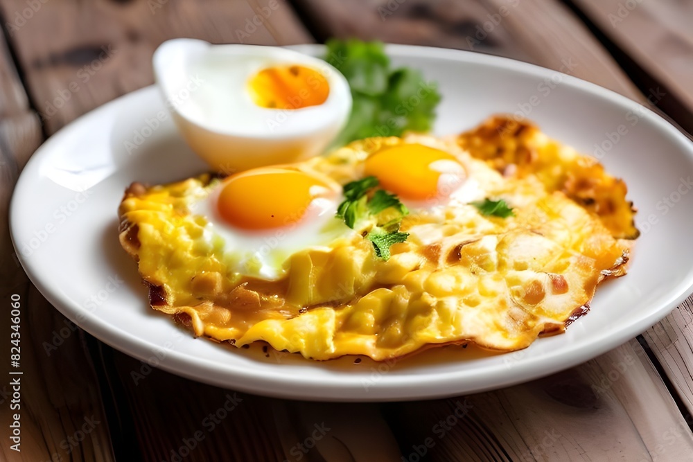 fry egg omellete in white plate on wooden table fry egg omellete in white plate on wooden table