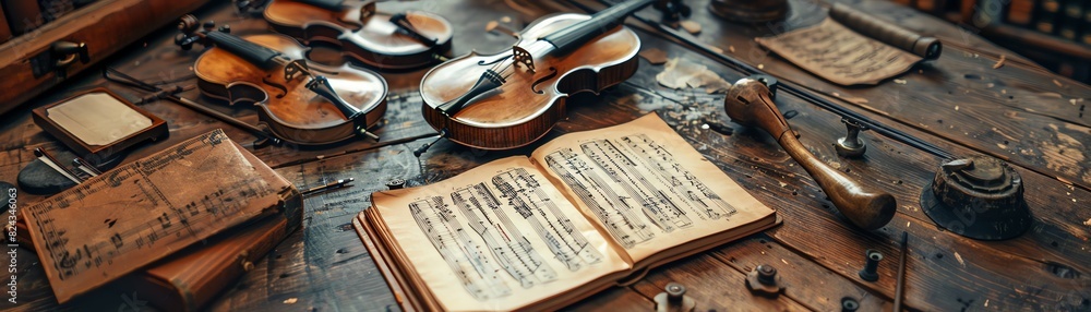 Fototapeta premium An antique violin workshop table with violins, music sheets, tools, and books, capturing a vintage and artistic atmosphere.