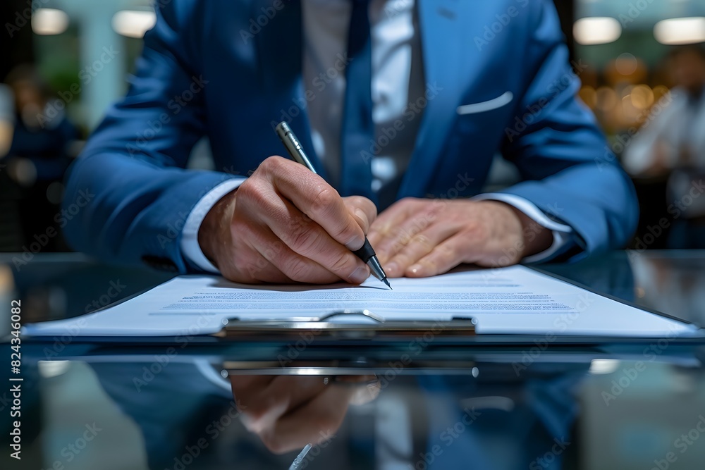 Rear View of Successful Executive Signing Important Documents in Bustling Corporate Workspace Rear View of Successful Executive Signing Important Documents in Bustling Corporate Workspace