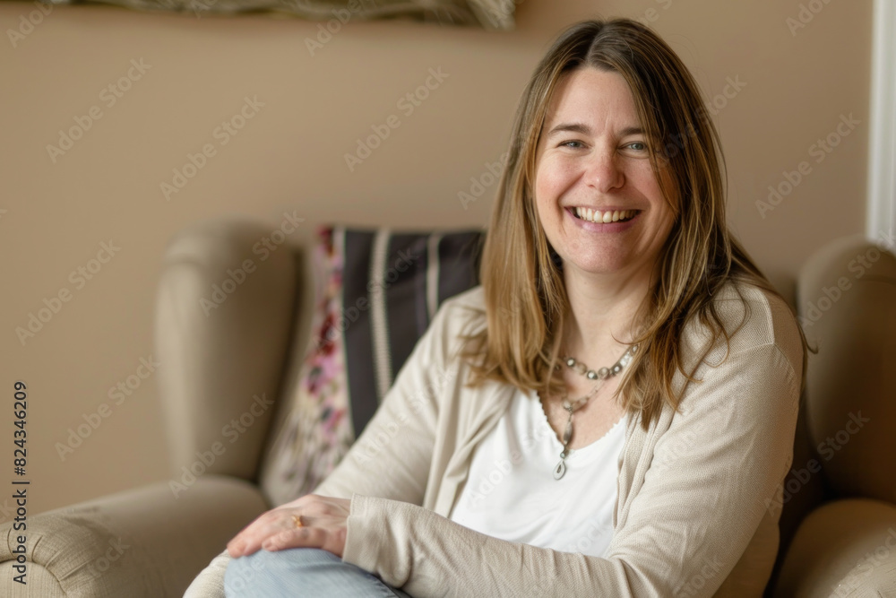 Smiling Woman Relaxing on an Armchair in a Cozy Living Room Smiling Woman Relaxing on an Armchair in a Cozy Living Room