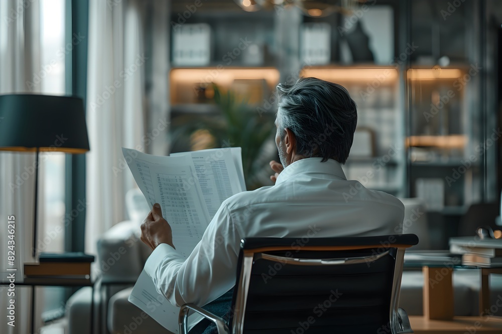 Business Leader Reviewing Financial Reports in Minimalist Office Business Leader Reviewing Financial Reports in Minimalist Office