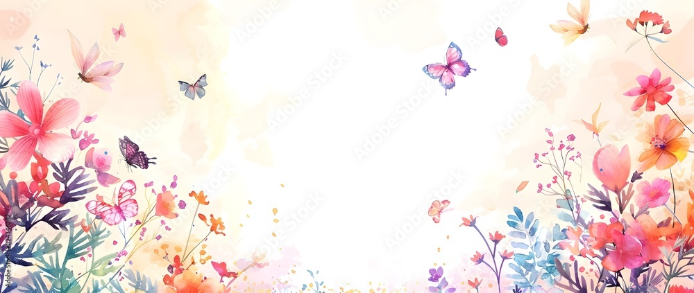 Charming Watercolor Floral Border and Gradient Background with Blank Central Space for Message or Mock up