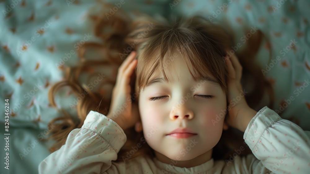 Peaceful child sleeping with hands on her head, serene expression, resting on a light blue patterned pillow. Peaceful child sleeping with hands on her head, serene expression, resting on a light blue patterned pillow.