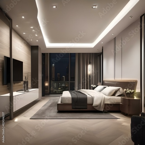 Modern bedroom with a king-size bed and large windows1