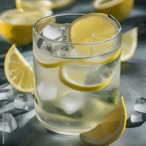 Glass of sparkling water with lemon slices and ice cubes1 photo