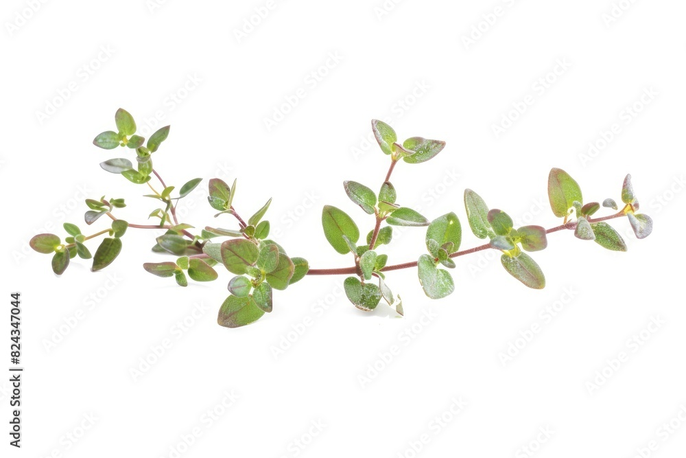 Single sprig of thyme with small green leaves isolated on white background Single sprig of thyme with small green leaves isolated on white background