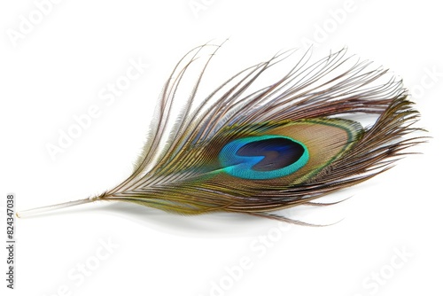 Single peacock feather with vibrant colors isolated on white background