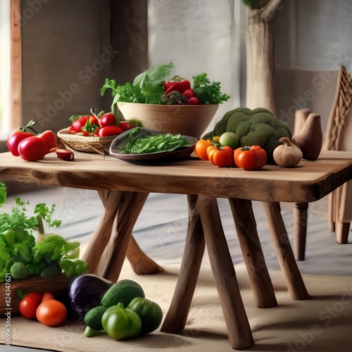 Rustic wooden table with assorted fresh vegetables and herbs1
