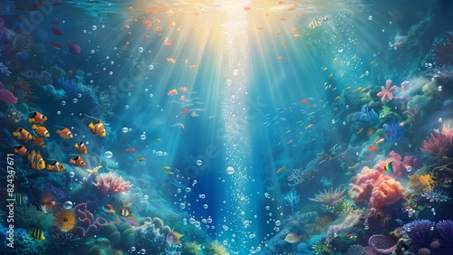 Underwater world with coral reef and fish. an underwater scene. A beam of sunlight penetrates the water from above, illuminating a trail of bubbles and casting a heavenly glow photo