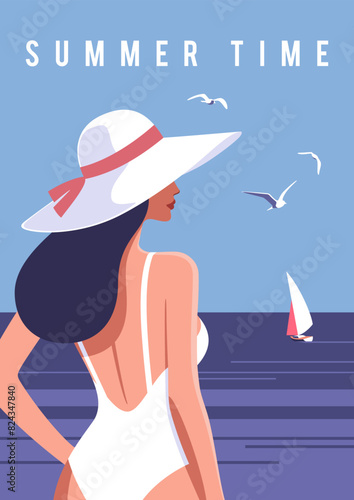 Summer time. Concept of summer party, vacation and travel. Woman on the beach in a swimsuit and hat. Vector illustration in minimalistic style.