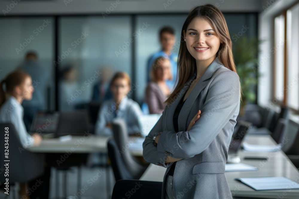 Young successful businesswoman at corporate office looking at camera. Office business portrait Young successful businesswoman at corporate office looking at camera. Office business portrait
