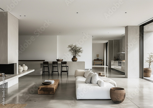 Against a backdrop of sleek, white walls and polished concrete floors, the modern living room showcased clean lines and minimalist décor for a contemporary aesthetic.