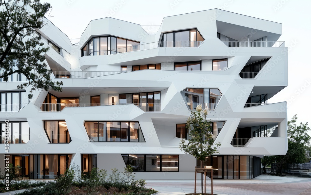 Fototapeta premium Modern apartment building in Berlin, Germany with a white exterior and geometric design elements
