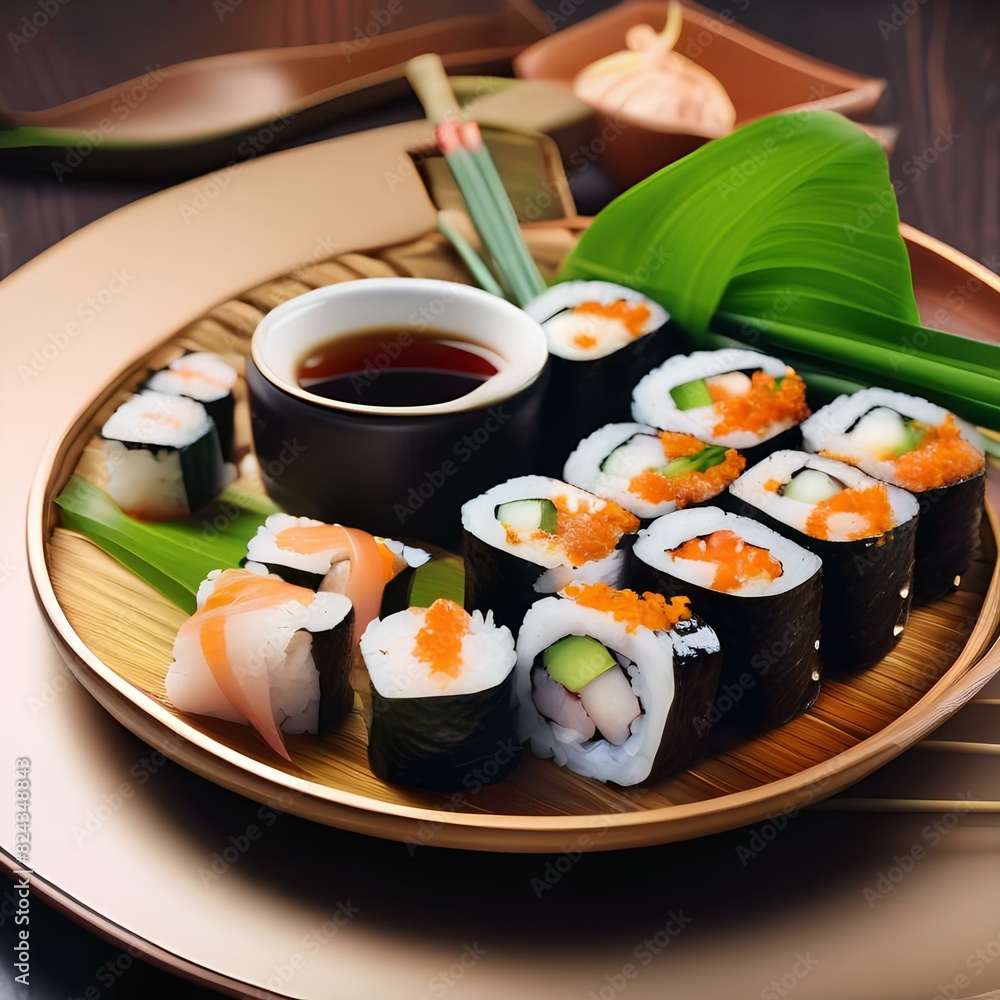 Plate of fresh sushi rolls with chopsticks and soy sauce1 Plate of fresh sushi rolls with chopsticks and soy sauce1
