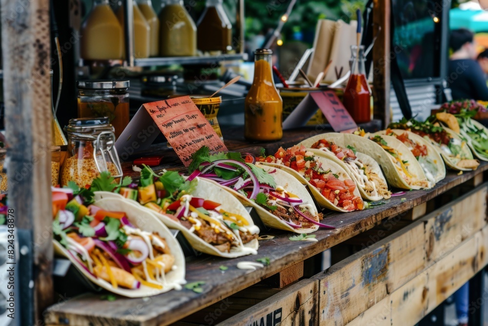 A rustic street food cart serving freshly made chicken tacos, with colorful toppings and a variety of sauces on display A rustic street food cart serving freshly made chicken tacos, with colorful toppings and a variety of sauces on display