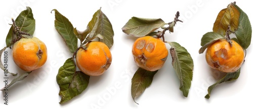 Medlar fruits with leaves, showcasing their unique shape and color on a white background photo