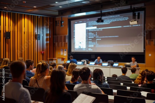 Wallpaper Mural a large projector screen displaying a presentation, and students attentively listening and taking notes. Torontodigital.ca