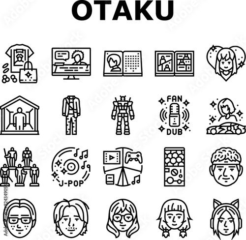 otaku anime manga eyes icons set vector. japanese, japan piece, one boy, asian concert, shirt cosplay, cheering cat, samurai otaku anime manga eyes black contour illustrations