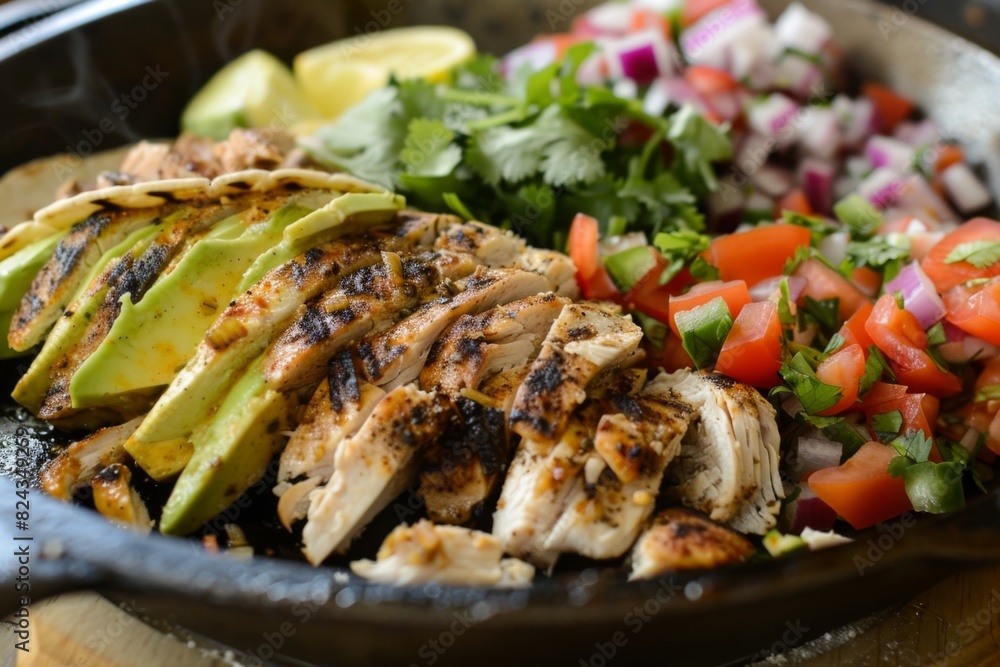 A sizzling skillet of seasoned chicken, ready to be assembled into tacos with a variety of fresh, vibrant toppings A sizzling skillet of seasoned chicken, ready to be assembled into tacos with a variety of fresh, vibrant toppings