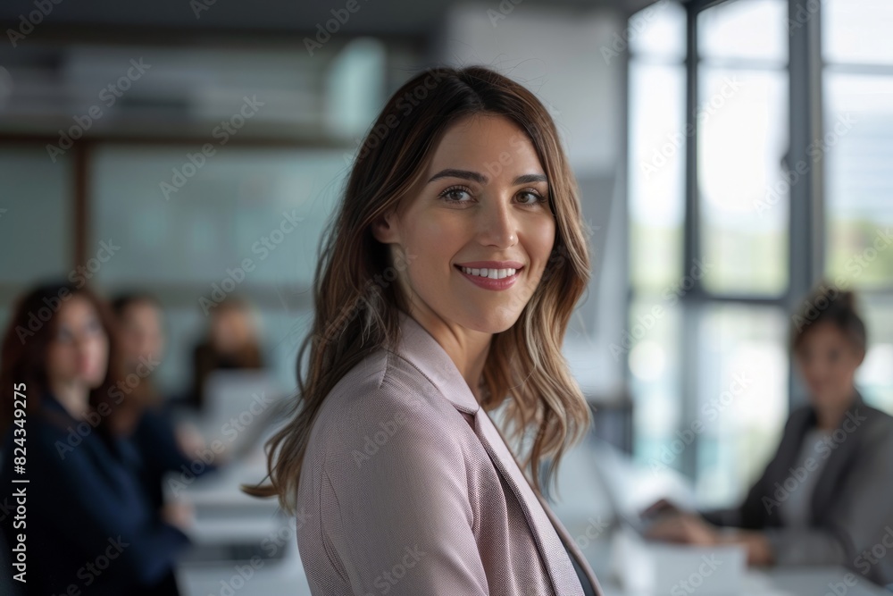 Young successful businesswoman at corporate office looking at camera. Smile and give off a confident look Young successful businesswoman at corporate office looking at camera. Smile and give off a confident look